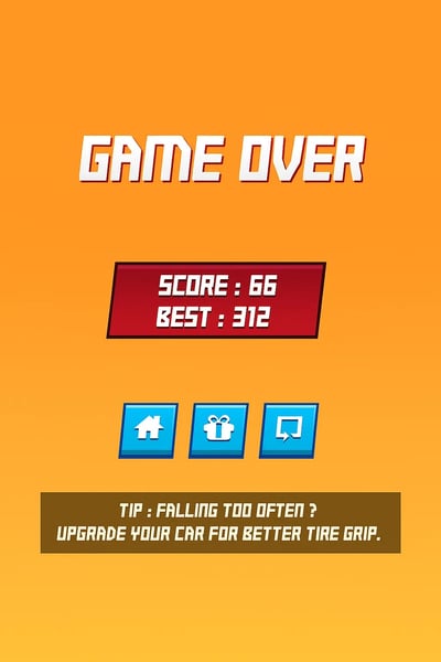 Drift Boss game over screen displaying final score of 66 and best score of 312 with helpful tips